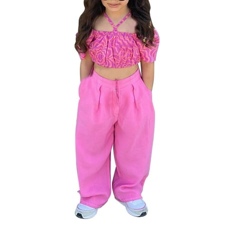 

EHQJNJ Country Concert Outfit Kids 2024 Neck One Shoulder Pleated Puffed Sleeve Trousers Straight Leg Trouser Set Baby Girl 4Th of July Outfit Dance Outfits for Girls