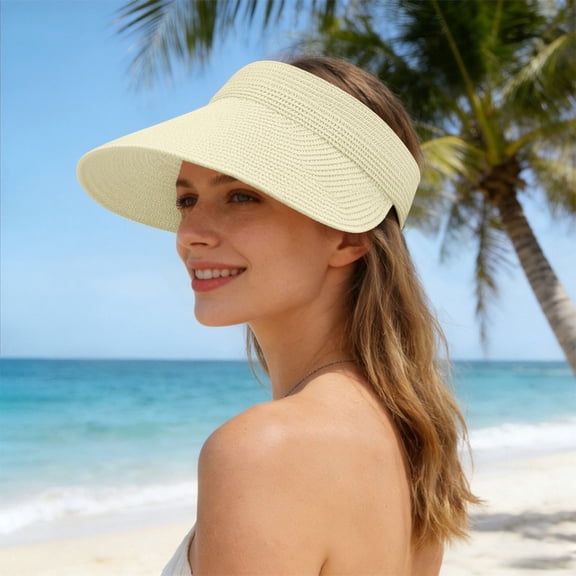 HOWPAY Visor Hats for Women Wide Brim Open Top Adjutable Ponytail Sun Protection Straw Hat Packable Foldable Summer Holiday Beach Cap Beige One Size