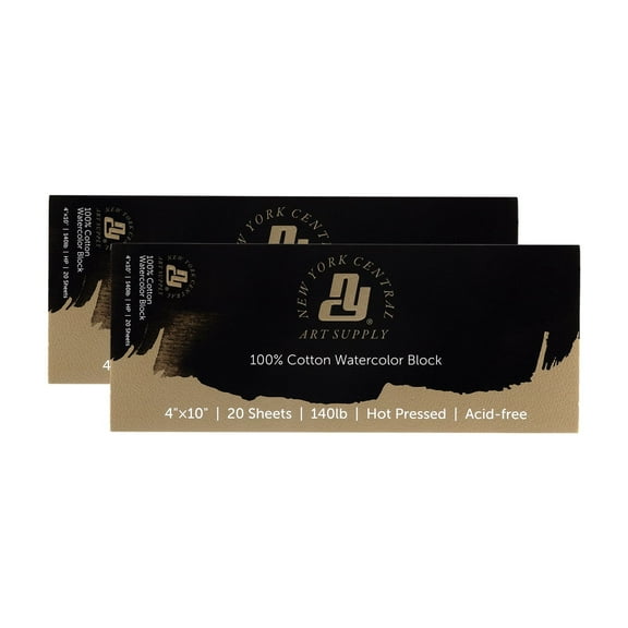 New York Central Watercolor Paper Block - 4x10" - 40 Sheets, 140 lb. Hot Press - 100% Cotton, Acid-Free, Archival Quality, Bright White Watercolor Paper Pad for Wet & Dry Media