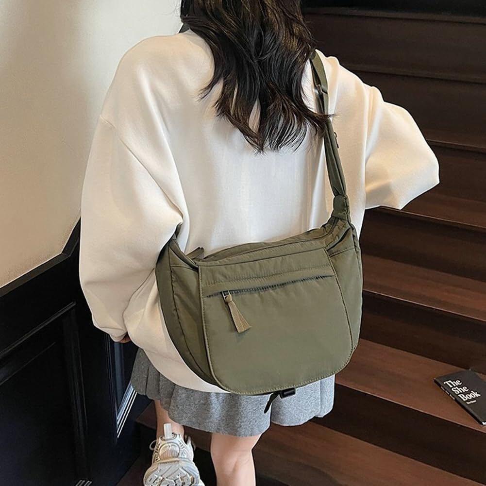 LKJYER Slouchy Nylon Bags for Women 2025 Crescent Crossbody Bag Hobo Shoulder Purse Work Travel Tote Handbag Everyday Purses