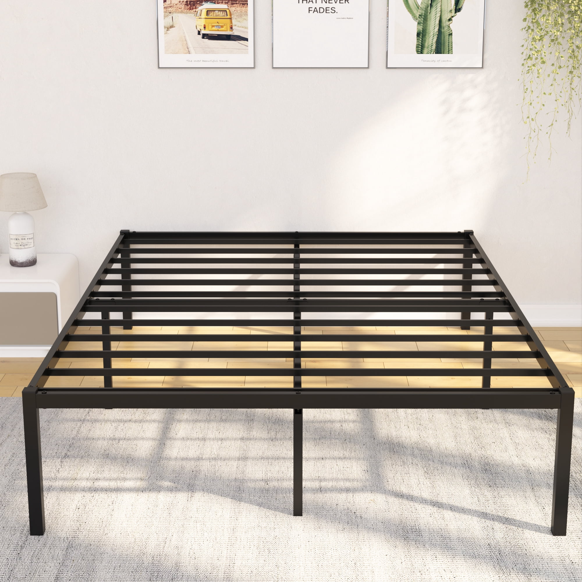 Yoneston 14" King Size Heavy Duty Metal Platform Bed Frame with Storage No Box Spring Black