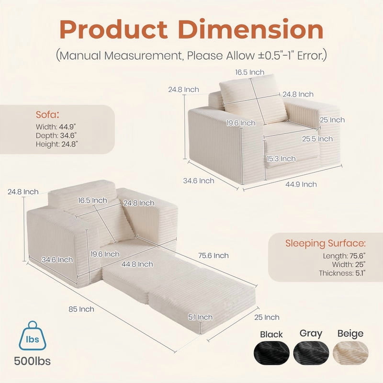 Boneless No Assembly Single Wide Arm Sofa, Memory Foam Convertible Sleeper Chaise Lounge Couch, Accent Chair Sofa Bed