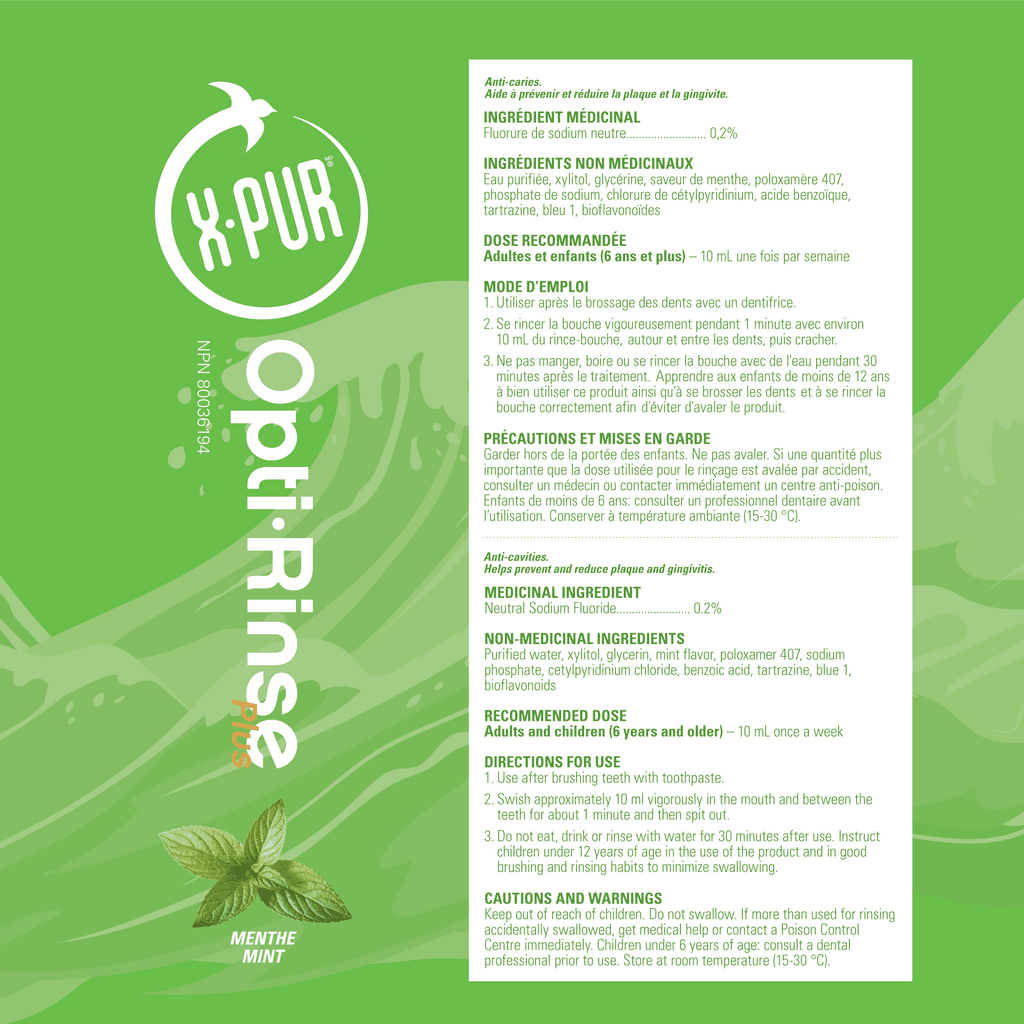 X-PUR Opti-Rinse Plus Rince Bouche Flaveur De Menthe Avec 0.2 % Fluorure De Sodium, Sans Alcool, 10% Xylitol