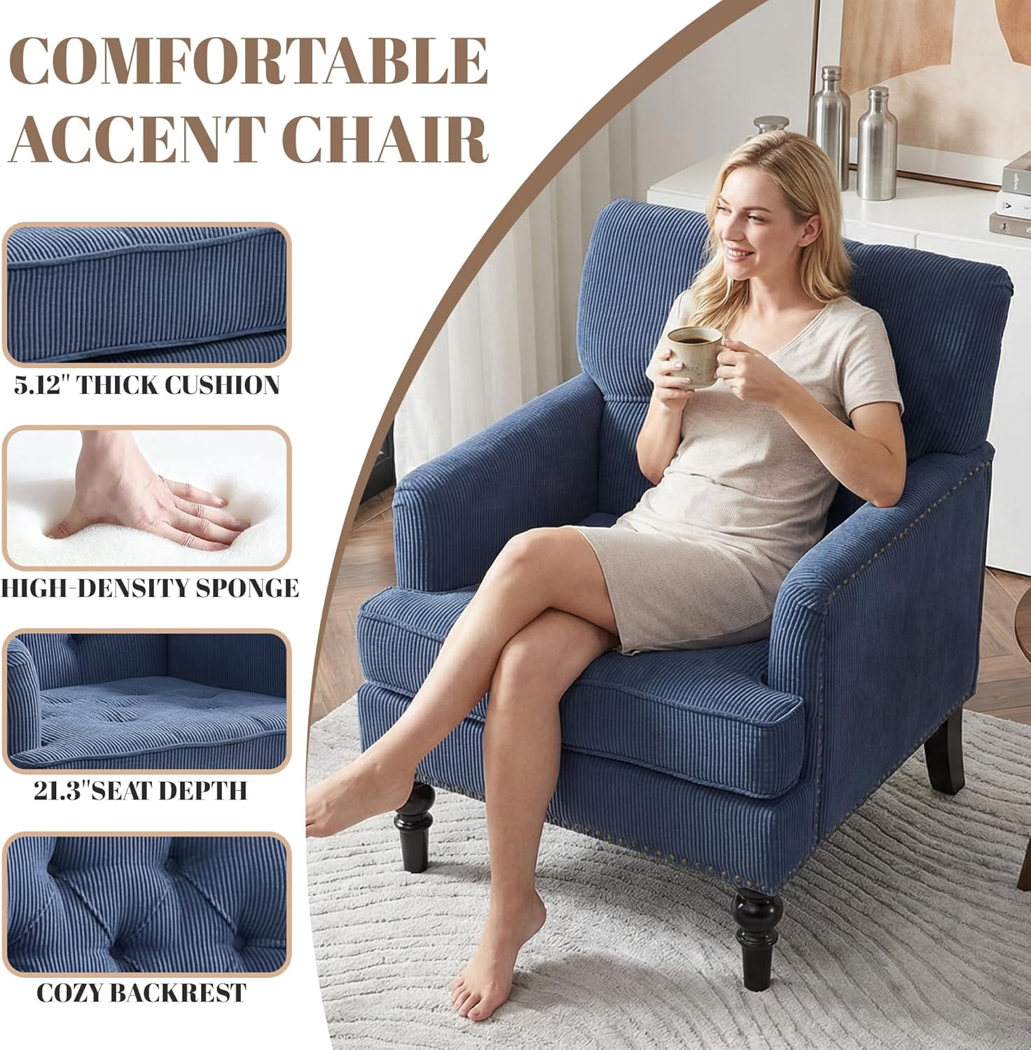 MOONMISS 26.4" Wide Accent Chair,tufted Club Chair With Linen Fabric,upholstered Button Armchair For Bedroom, Living Room,Blue