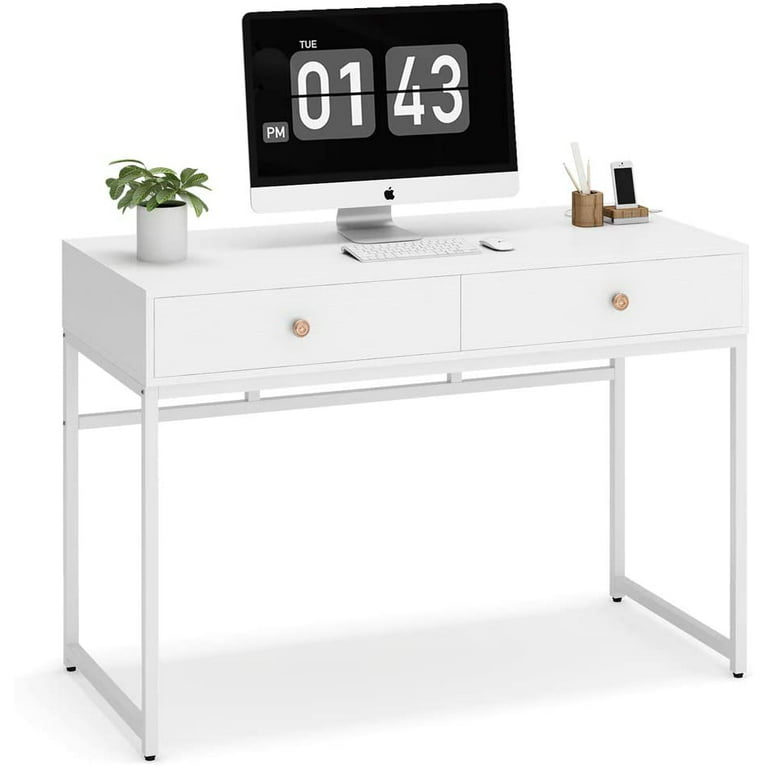 Computer Desk, Modern Simple 47 inch Home Office Desk with 2 Storage Drawers, Makeup Vanity White
