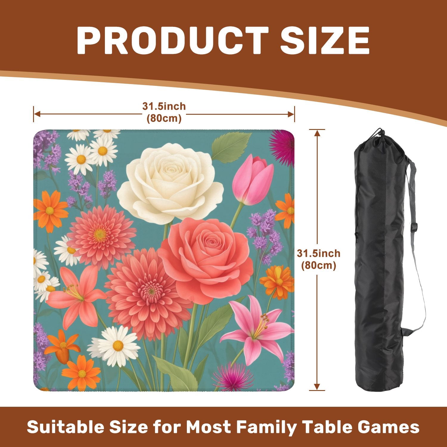 Mahjong Mat 31.5" x 31.5" Vibrant Floral Arrangement Roses Daisies Lilies Teal Non-Slip Noise Reduction American Mahjong Tiles Table Cover for Dominoes Poker Card Board Games Gift