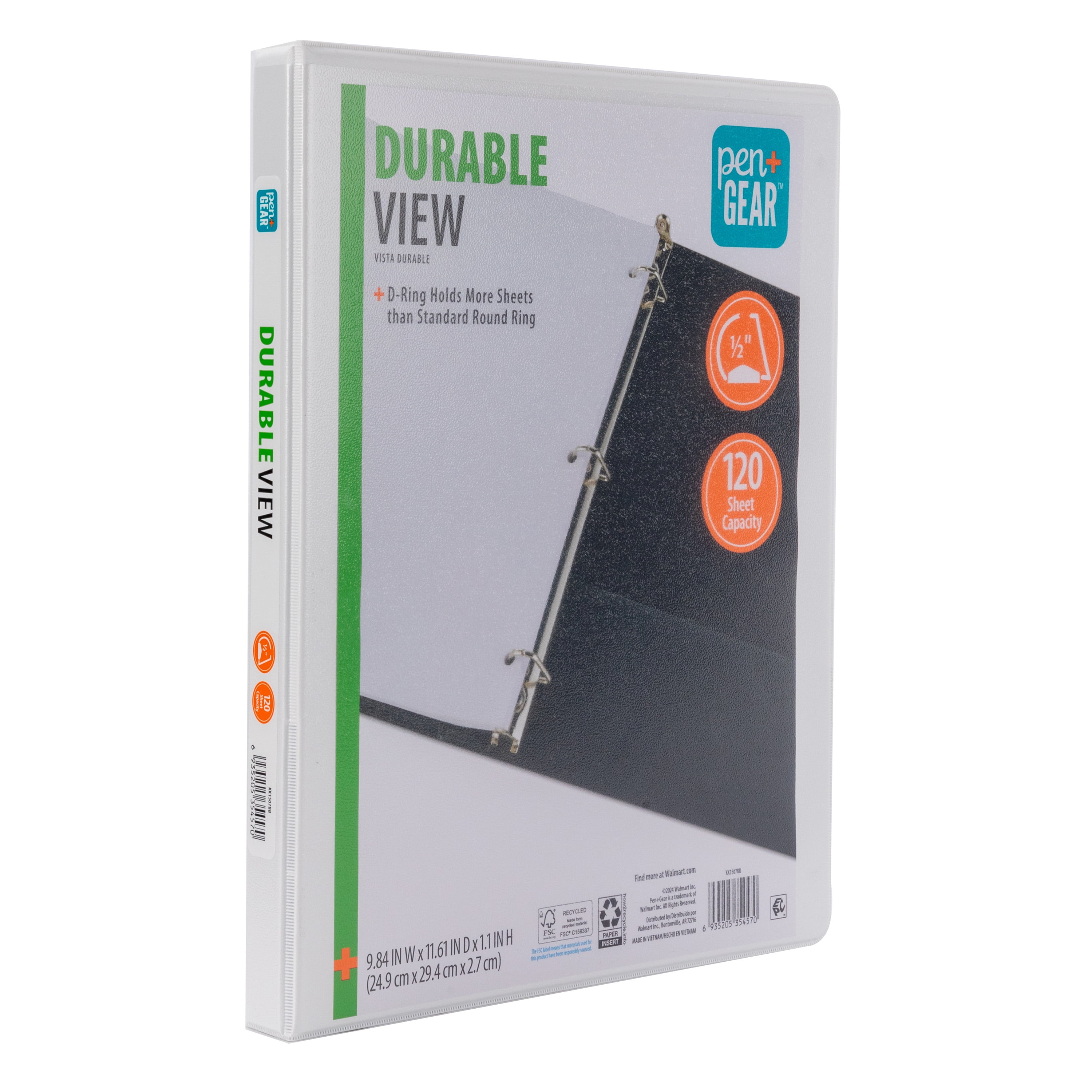 Pen+Gear Durable View 1/2 in D-Ring Binder, White