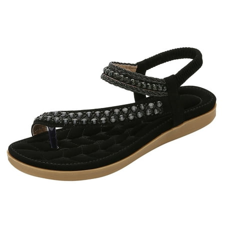 

GNEIKDEING Women Shoes Flat Sandals Summer Boho Rhinestone Dress Shoes Comfort Open Toe Elastic Ankle Strap Strapless Sandals Roman Sandals Gift on Clearance