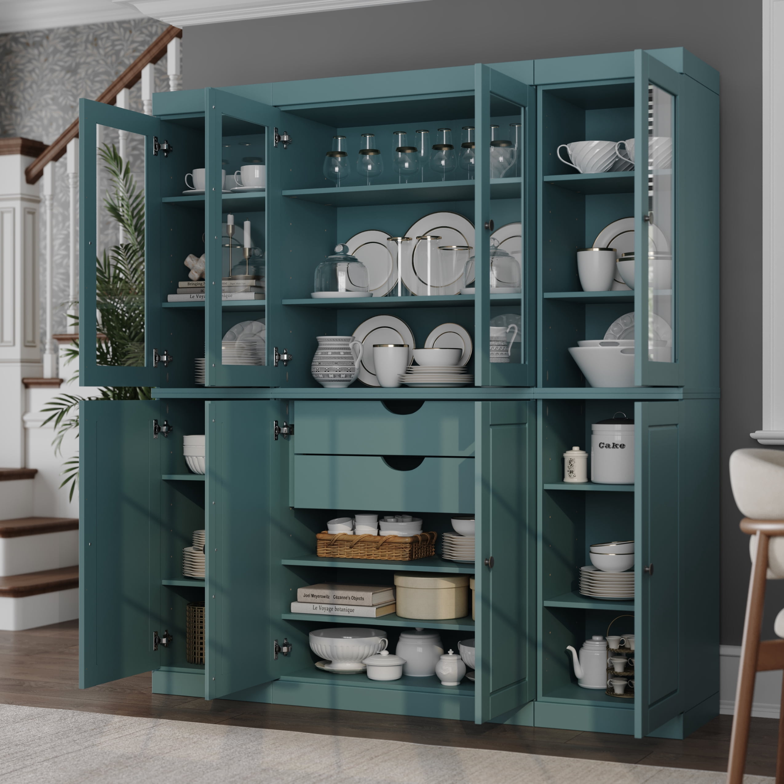 Palace Imports 100% Solid Wood Kitchen Pantry Storage Cabinet with Solid, Clear Glass Doors, Adjustable Shelves and 2-Drawers, Aqua Blue