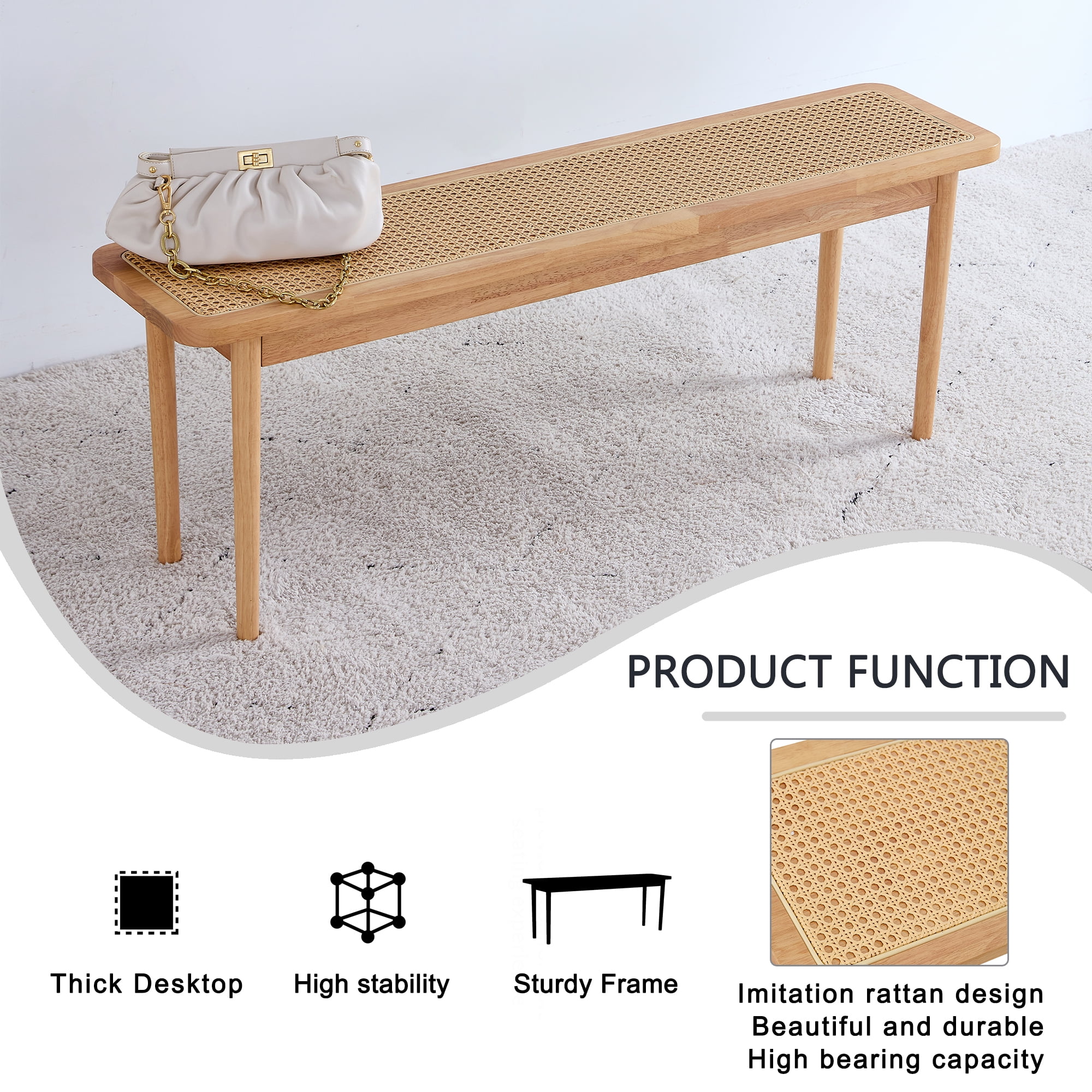 Kadyn Solid Wood Bench, Cane Weaving Shoe Stool for Dining Room, Mid Century Bench for Living Room, Natural Wood Wash Kadyn Solid Wood Bench, Cane Weaving Shoe Stool for Dining Room, Mid Century Bench for Living Room, Natural Wood Wash