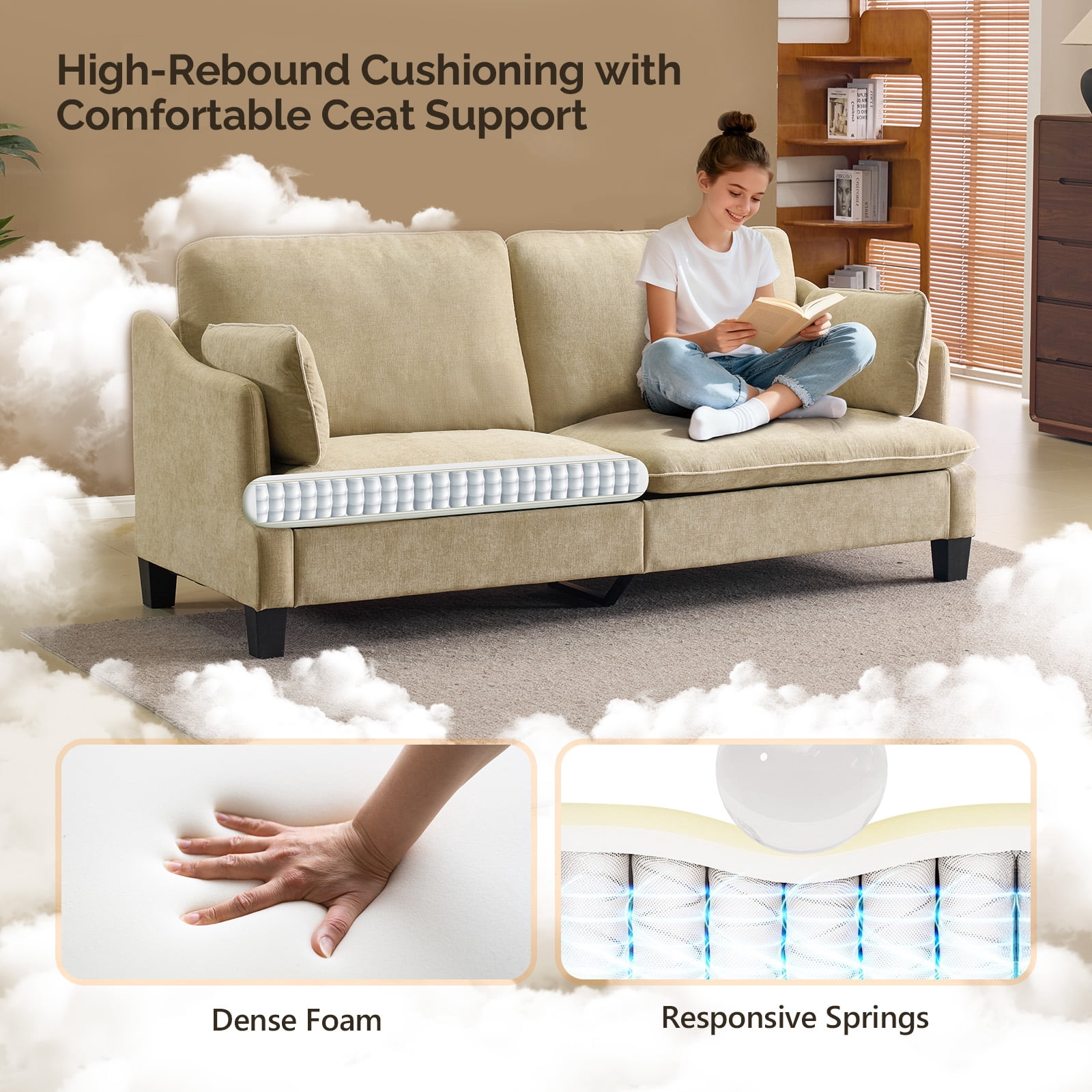 Ktaxon 84" Sofa, Linen Fabric Deep Seat Couch with Lumbar Pillows, Oversized Loveseat for Small Spaces, Living Room Light Khaki