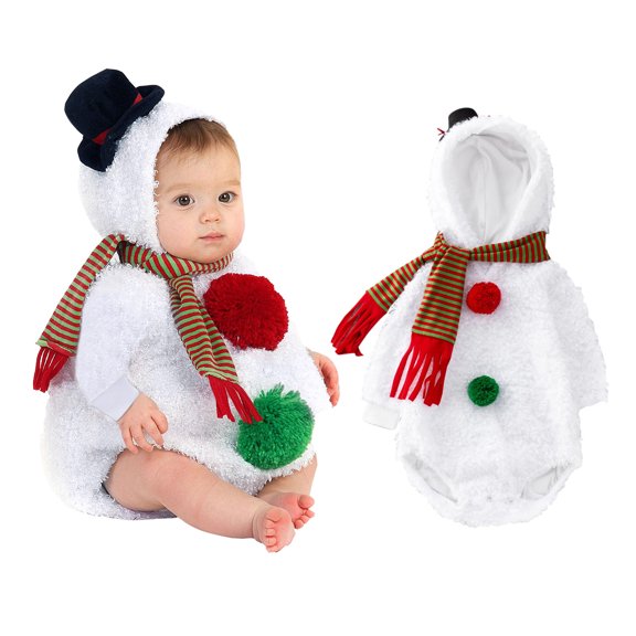 Christmas Snowman Outfit Winter Hood Snowman Jumpsuit Romper with Scarf Baby Christmas Clothes Party Outfit 12-18 Months
