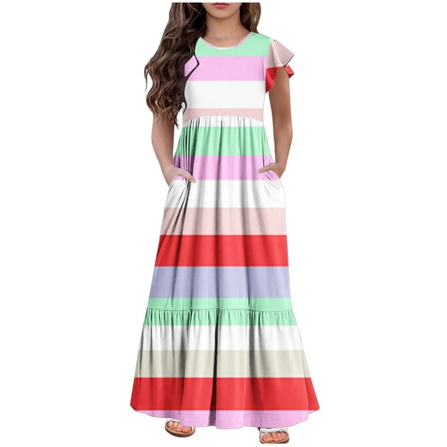 Jgppe Maxi Dress for Girl Summer Spring Pleated Ruffle Sleeve A-Line Casual Sundress 6-13 Years