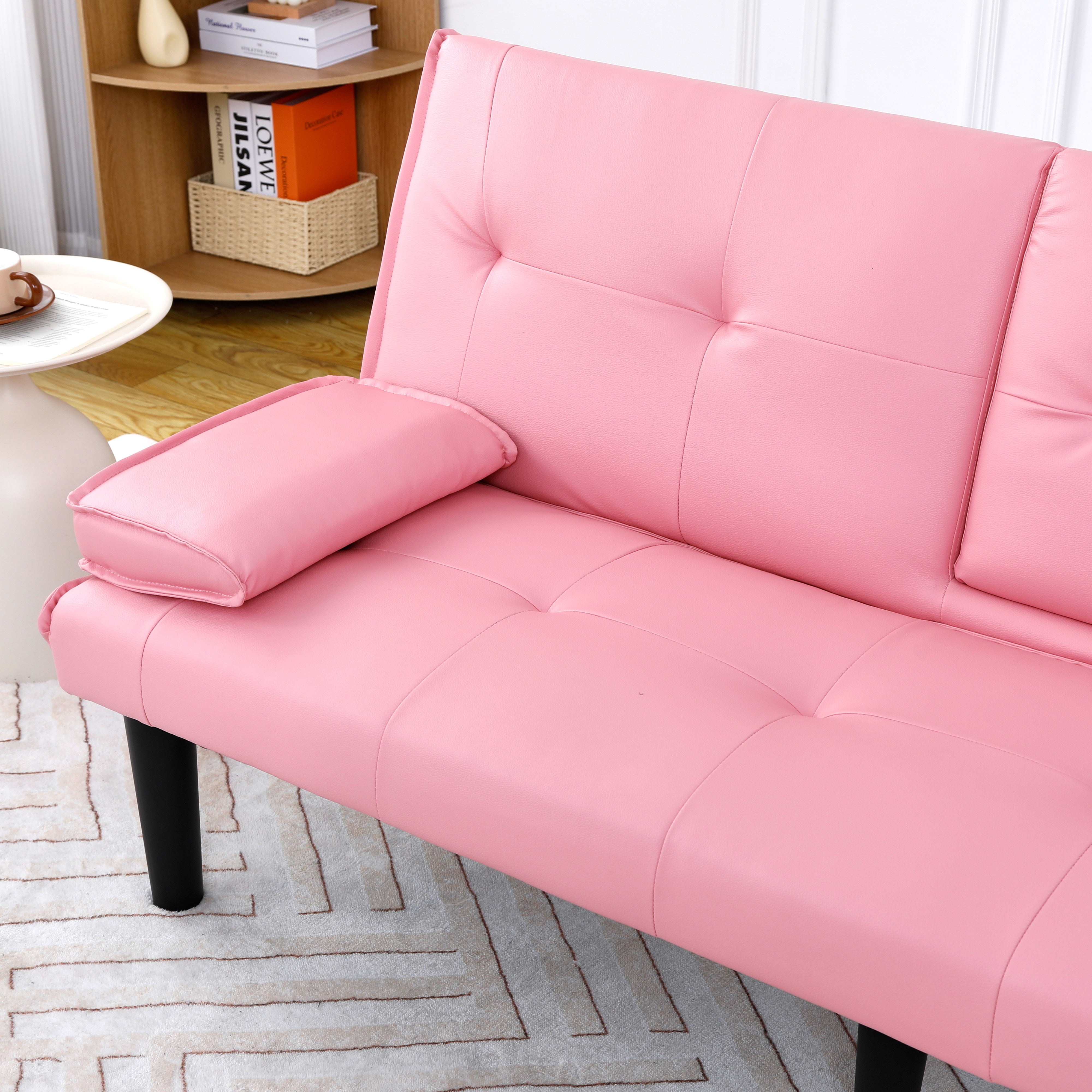 67 inch Futon Sofa Bed Faux Leather Couch Modern Convertible Folding Recliner with 2 Cup Holders for Living Room,Bedroom,Pink