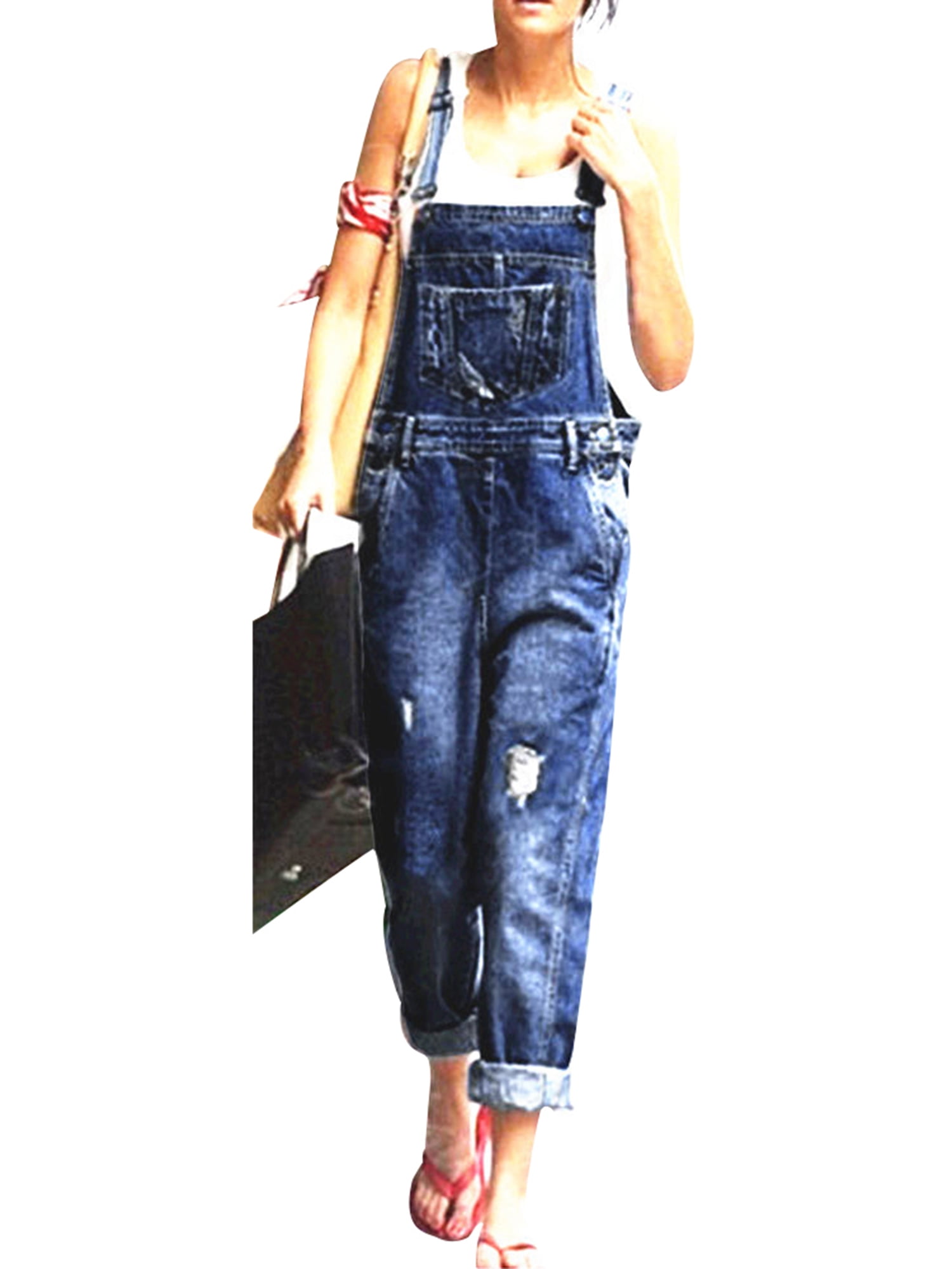Womens Dungarees Ladies Loose Fit Casual Baggy Denim Bib Jeans Overalls Ripped Denim Jumpsuits Rompers Full Length Pants Trouser with Pockets 