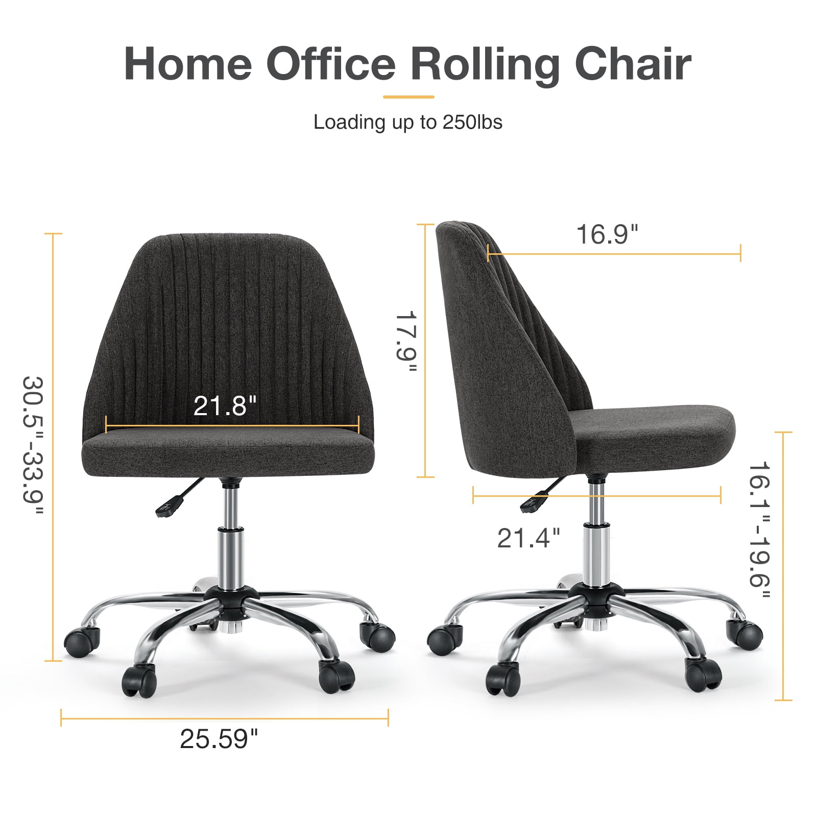 JOINSUN Mid-Back Vanity Chair, Adjustable Rolling Chair, Armless Modern Design for Home Office, Makeup & Small Spaces - Light Gray