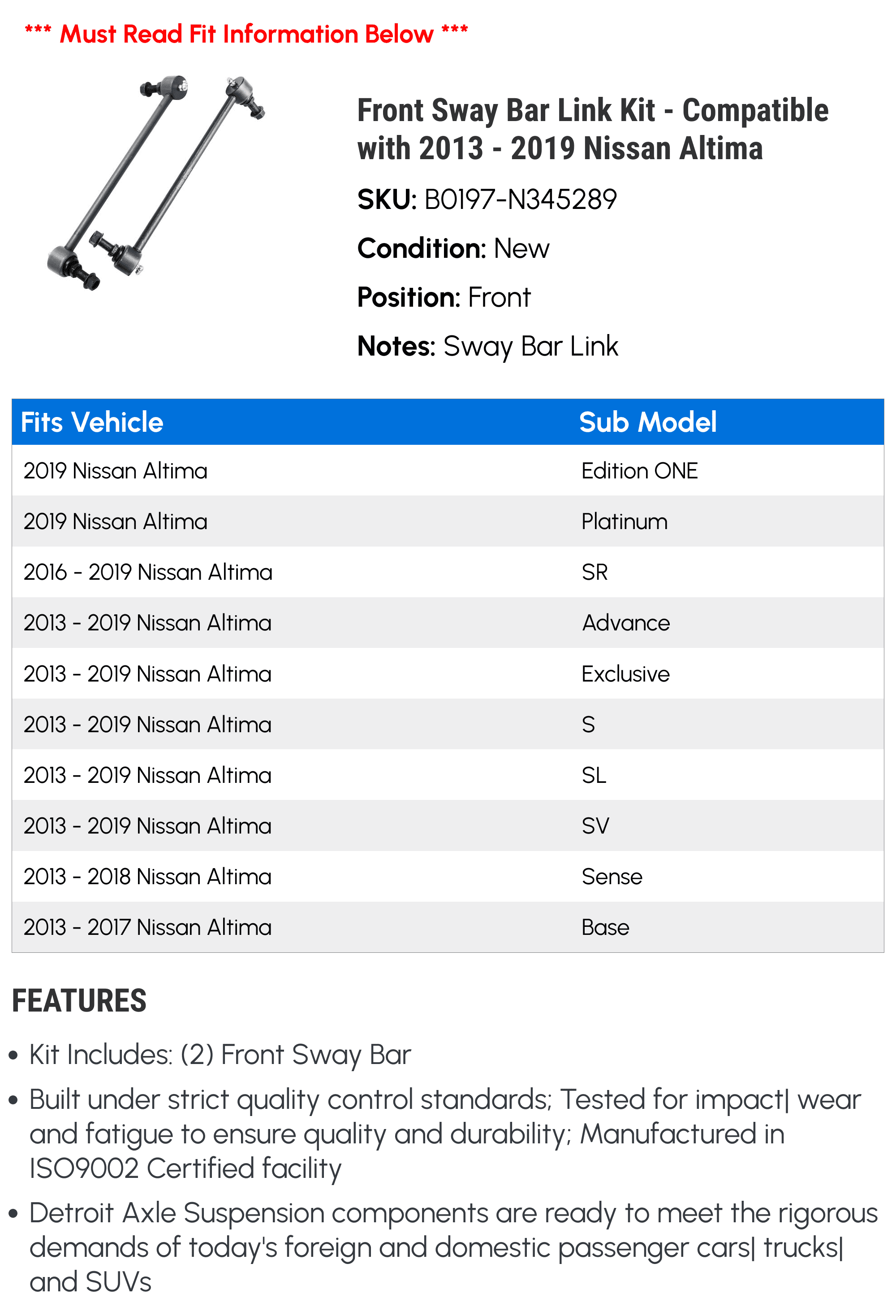 Front Sway Bar Link Kit - Compatible with 2013 - 2019 Nissan Altima 2014 2015 2016 2017 2018