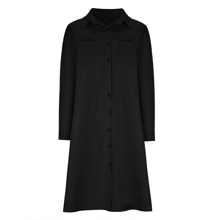 VSSSJ Womens Long Sleeve Shirt Dresses Turndown Collar Solid Color Button  Down Simple Casual Knee-Length Loose Dress with Pockets Black M -  Walmart.com