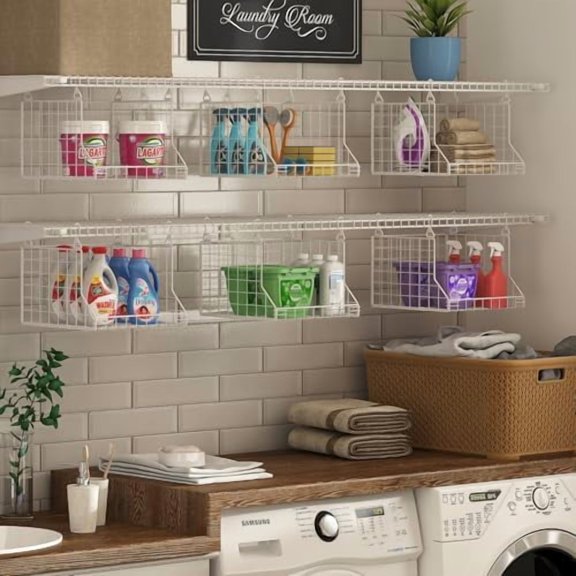 3-Tier Foldable Laundry Basket Organizer with Rotating Hooks - Space-Saving Over Washer and Dryer Shelf for Laundry Room Organization and Storage, Durable Wire Shelving Unit, White