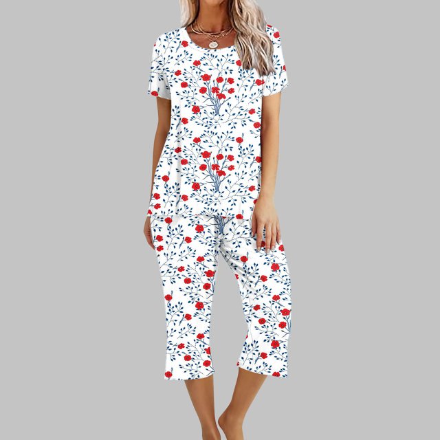 Qiopertar Liquidation à Moins de 5$ Blouse Décontractée à Col Rond Manches Courtes Mode Pantalon Ensemble de Pyjama Grandes Économies de Vacances!