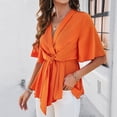 thumbnail image 6 of BXJX Women's Solid Color Blouses with Belted Waist- Short Sleeve V Neck Ruffle Casual Summer Tops Orange Size S, 6 of 7