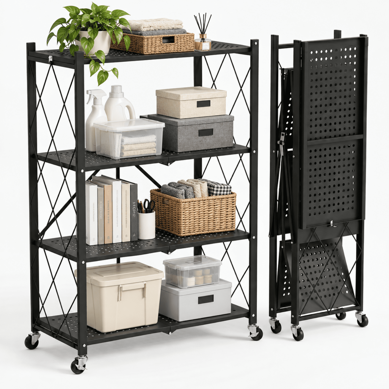 4-Tier Foldable Metal Storage Shelves, No-Assembly Folding Frame and Rolling Storage Rack for Kitchen, Pantry, Garage and Basement, Black