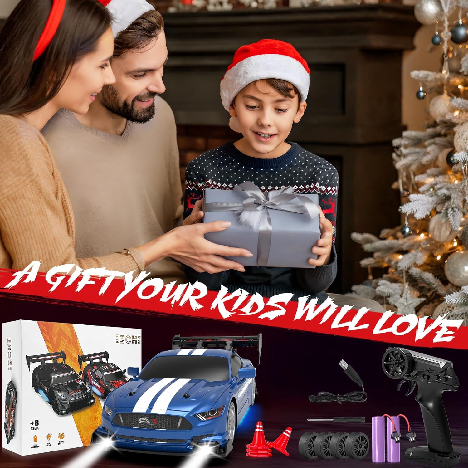 AIGIA 1:24 Scale RC Drift Car 30KM/H 4WD 2.4GHz Remote Control Cars with LED Light High Speed RC Racing Cars Toy Gift