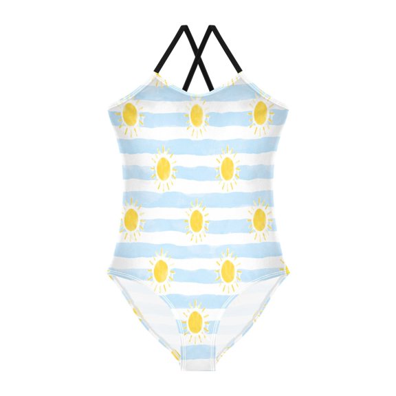 TTYFWHD Toddler Girls One Piece Swimsuit, Quick Dry Summer Beach Swimwear for Kids, 3T-10T Sun Blue Stripe Pattern