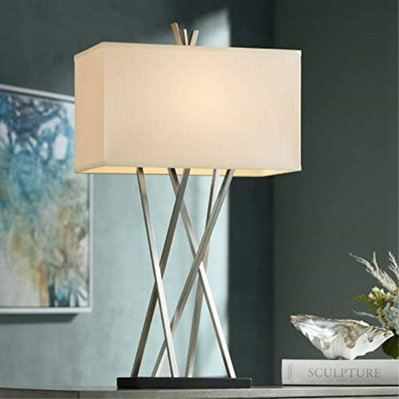 Lampe de Table Moderne en Acier Brossé Asymétrique Blanc Lin Abat-Jour Rectangulaire pour Salon Chambre Familiale Chevet - Possini Euro Design