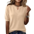 thumbnail image 3 of OIOLOYJM Women's Knit Shirts Dressy Short Sleeve V Neck Sweaters Spring Comfy Lightweight Pullover Business Warm Clothing Beige M, 3 of 5
