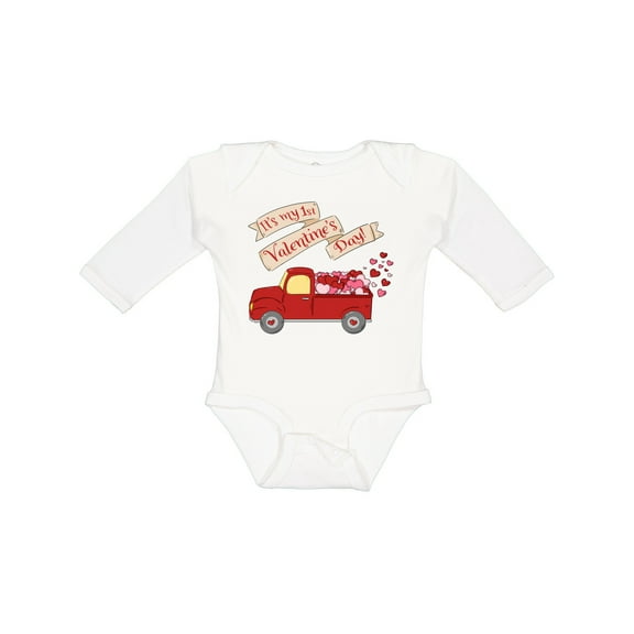 Inktastic It's My 1st Valentine's Day with Red Truck and Hearts Boys or Girls Long Sleeve Baby Bodysuit