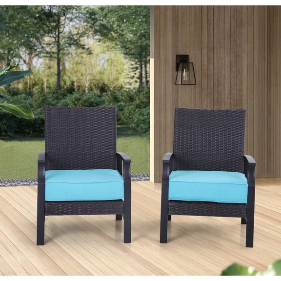 SUMMIT LIVING 2 Pieces Outdoor Patio Rattan Wicker Chairs With Aqua Cushions for Park, Yard, Deck