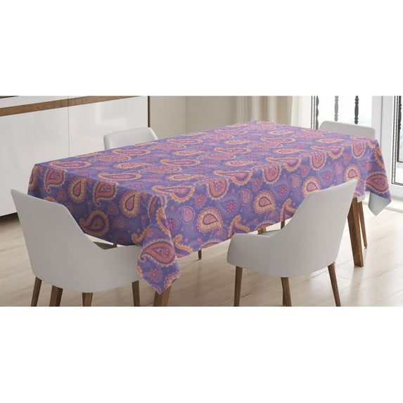 Ethnic Tablecloth, Traditional Bohemian Paisley Pattern Ornamental Persian Psychedelic Folk, Rectangle Satin Table Cover for Dining Room and Kitchen, 52" X 70", Lavender Peach Cream, by Ambesonne