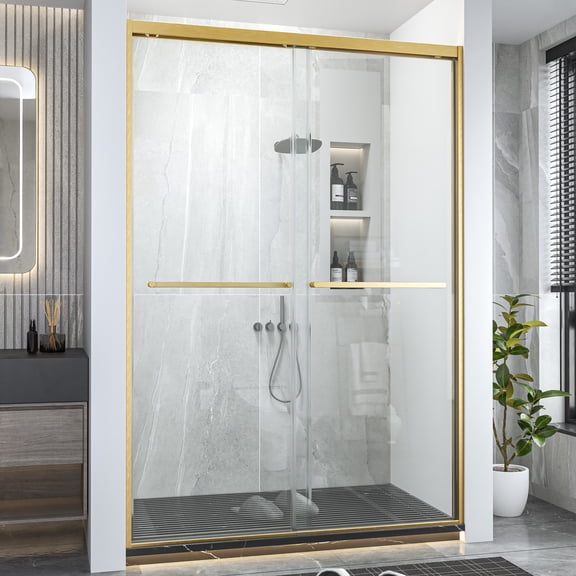 Hasipu 44-48" W x 76" H Shower Door, Semi-Frameless Double Sliding Shower Door with 5/16" (8mm) Crystal Clear Tempered Glass Door Bathroom Enclosure Brushed Gold