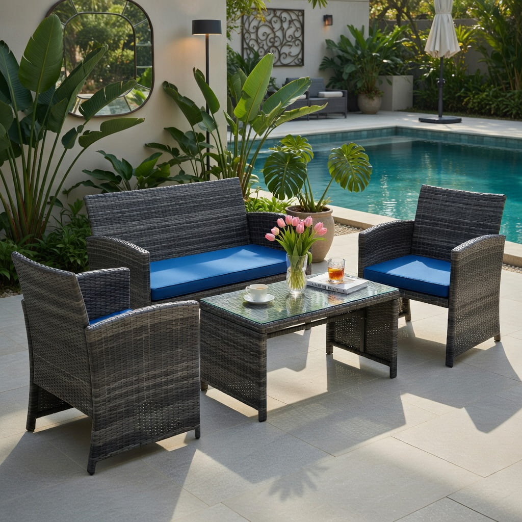 Hommoo 2-Piece Outdoor Patio Loveseat & Coffee Table Set with Cushions, Steel Frame, Weather-Resistant, Turquoise