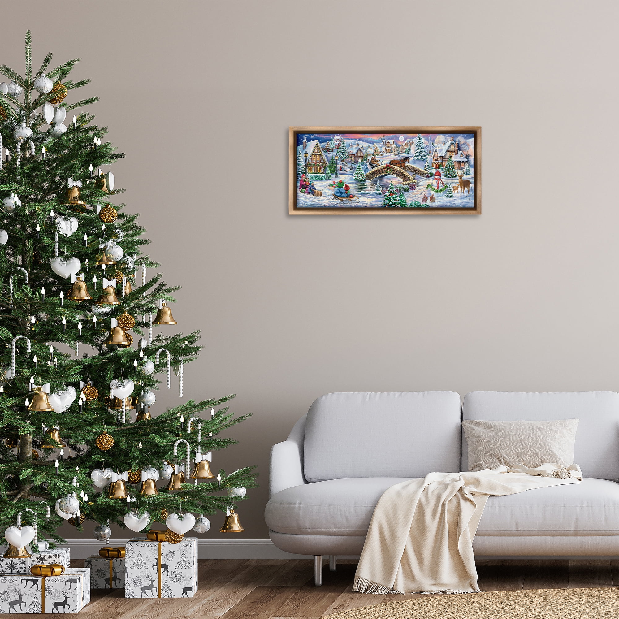 Stupell Industries Snowy Winter Townscape Holiday Painting Brown Floater Framed Canvas Art Prints Wall Art, 31 x 14