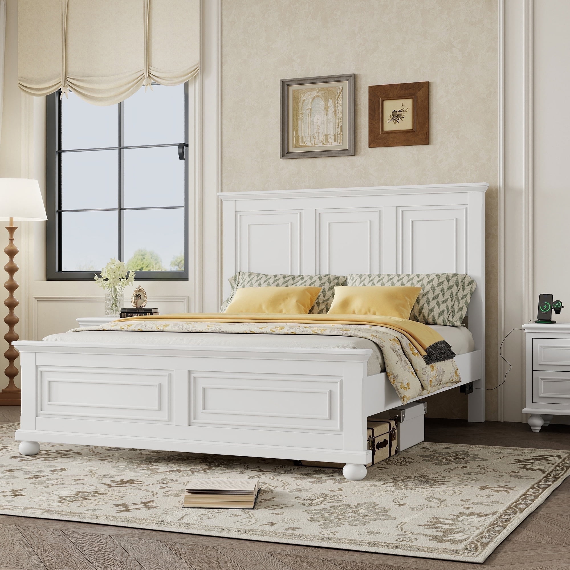 Mirightone King Size Farmhouse Bed Frame with Charging Station, Tall Headboard & Footboard, Solid Wood Platform Bed, No Box Spring Needed, Noise-Free, White