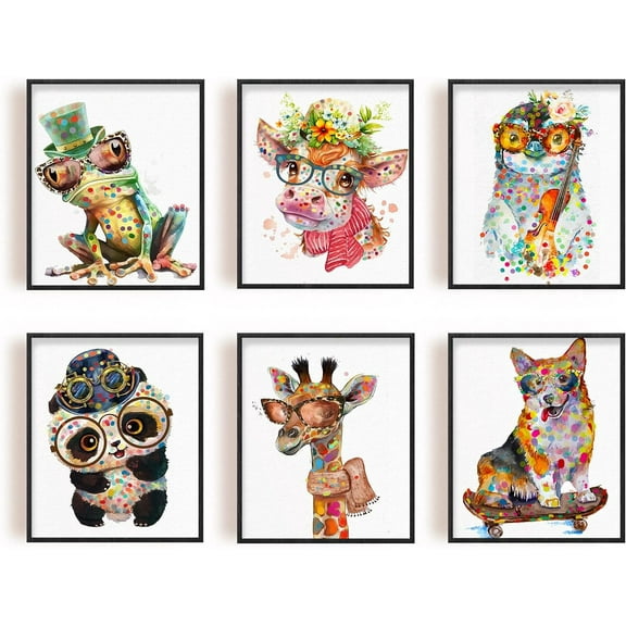 Cartoon Animal Wall Art Canvas Print Colorful Funny Animals Wall Painting Fog Cow Penguin Panda Giraffe Dog Pictures for Kids Bedroom Nursery Decor Artwork Unframed 6 PCS/Set Colorful 1set