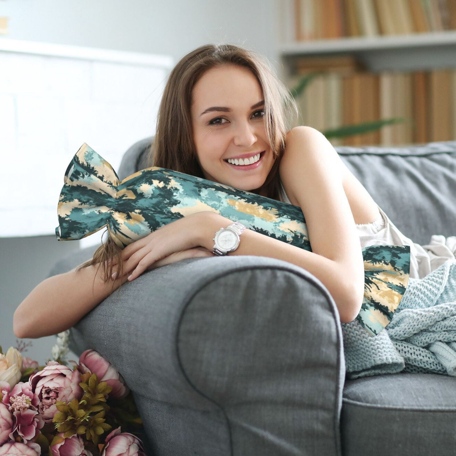 Candy Throw Pillow Travel Cervical Pillow Cylindrical Neck Body Cushion With Insert For Bed Couch Home Decor 9.8x24.4in Realistic Forests Camouflage Pattern Conifer Paleturquoise_2