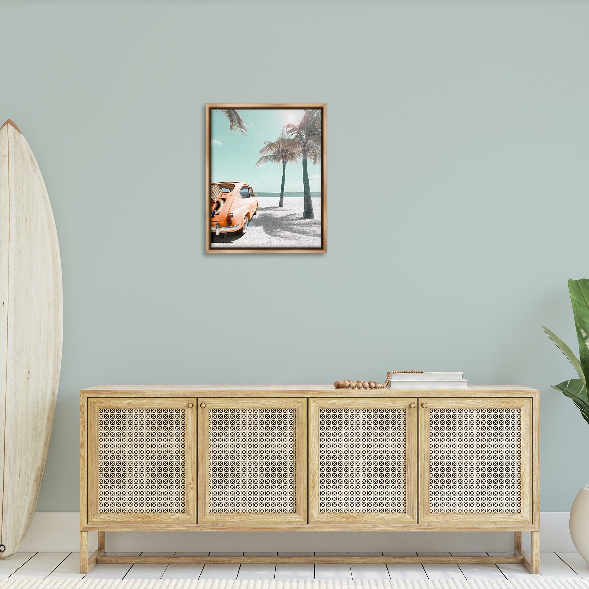 Stupell Industries Orange Car on Beach Coastal Painting Brown Floater Framed Canvas Art Print Wall Art, 25 x 31