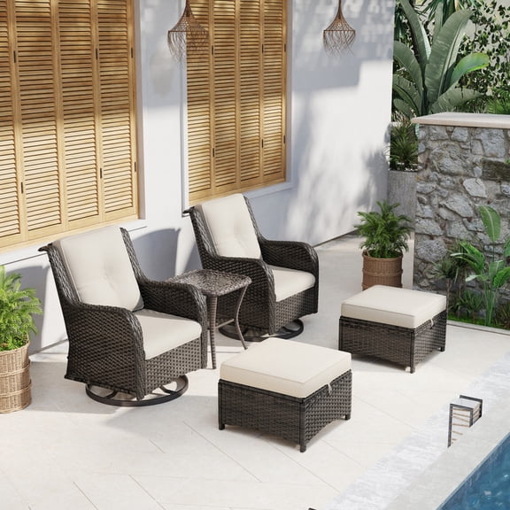 Joyside 5 Piece Wicker Patio Set with 2 Swivel Rocker Chairs, 2 Ottomans & Side Table, High Back, Deep Seating, Thick Cushions for Deck Porch, Beige