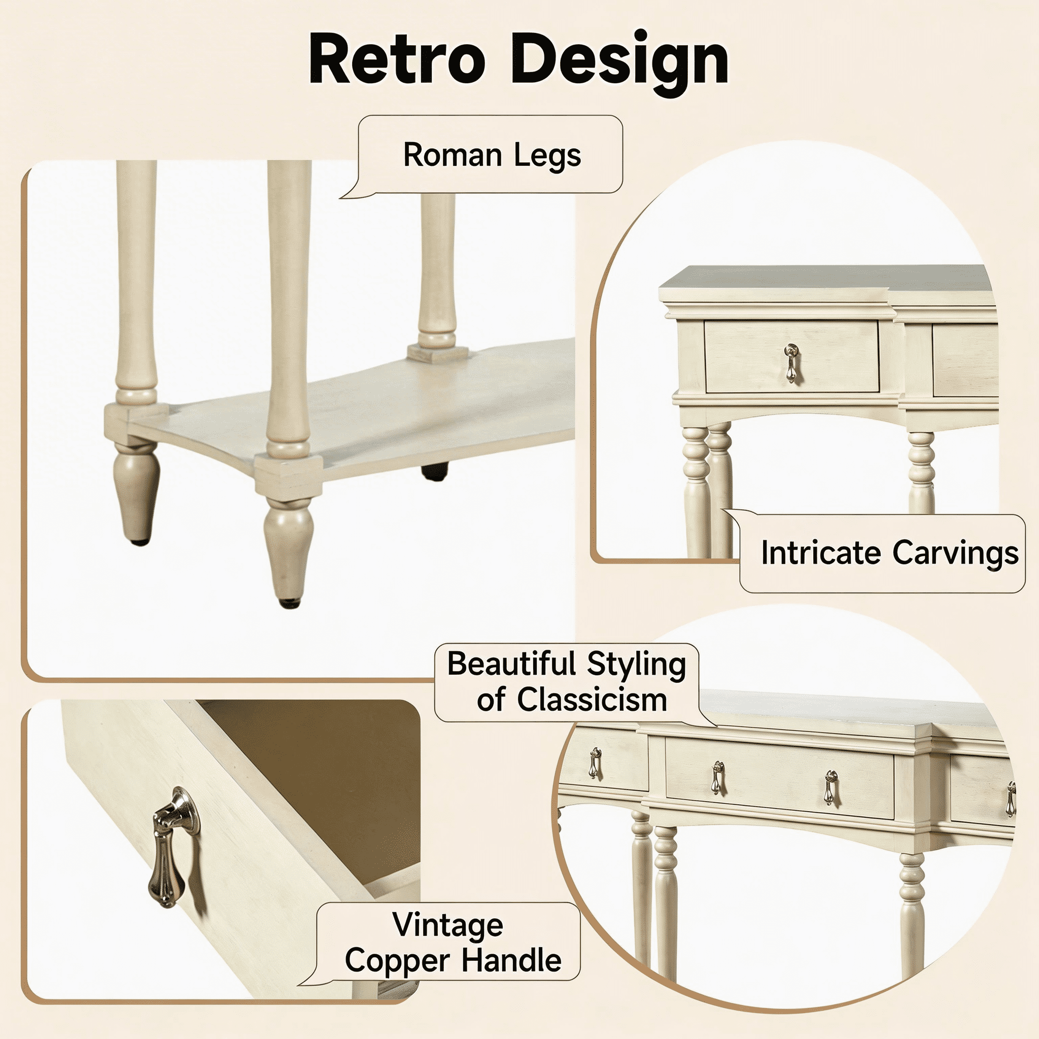 Euroco 57.8" Console Table with 3 Drawers, Narrow Long Sofa Table with Bottom Storage Shelf & Turned Roman Legs, Entryway Table for Living Room, Hallway,White