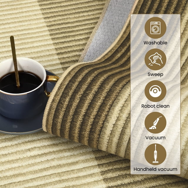 5x7 Abstract Area Rug – Washable Low-Pile Modern Rug, Non-Slip, Non-Shedding Soft Carpet, Minimalist Bordered Foldable Design for Living Room, Bedroom, Dining Room – Brown