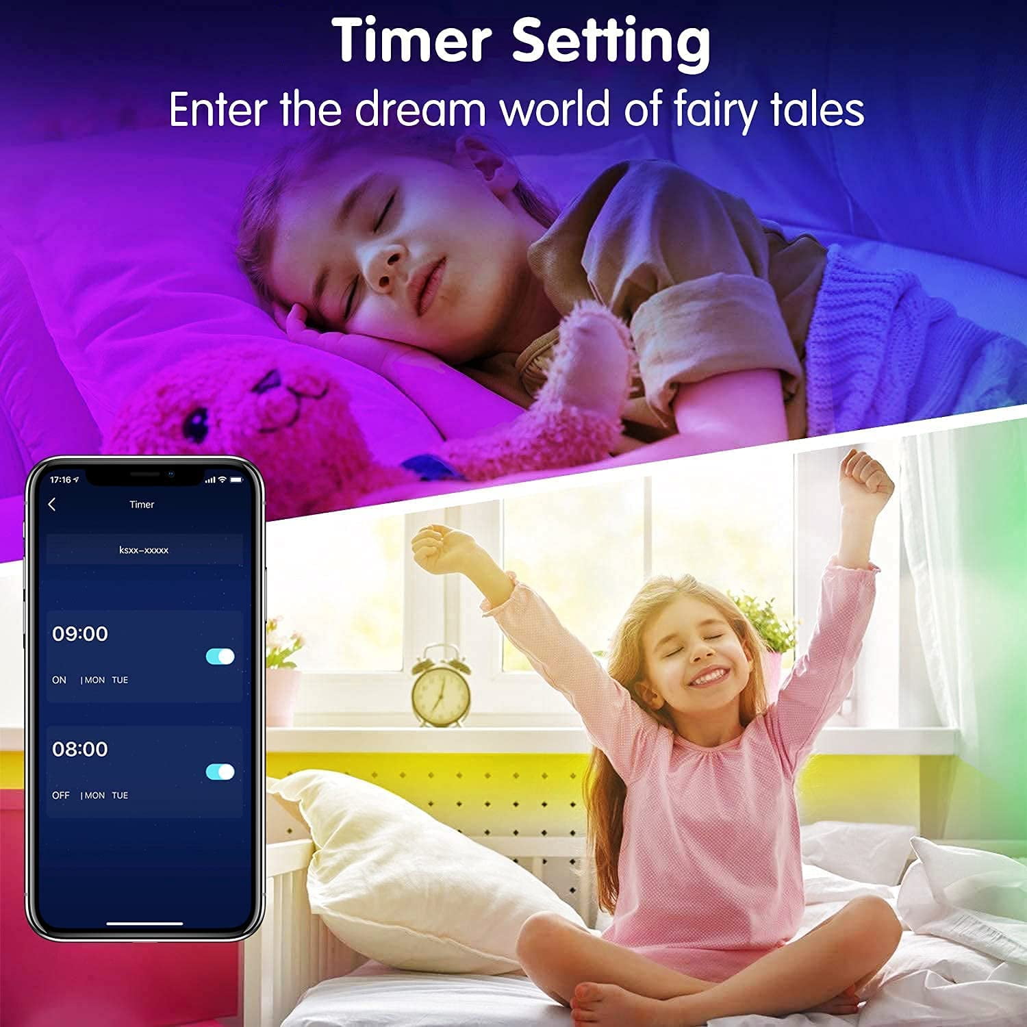 16.4ft RGB Smart LED Strip Lights Kit, Music Sync APP Color Changing Flexible Dimmable SMD 5050 LEDs Tape with 44 Key RF Remote, LED Ribbon for Home Lighting Kitchen Bar