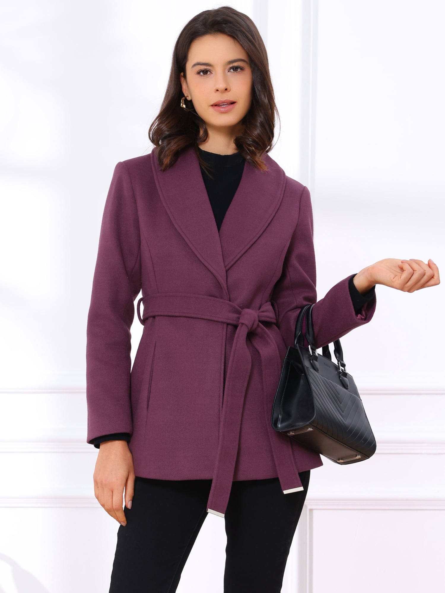 DARING DIVA Women's Lapel Collar One Button Overcoat with Belt M Purple