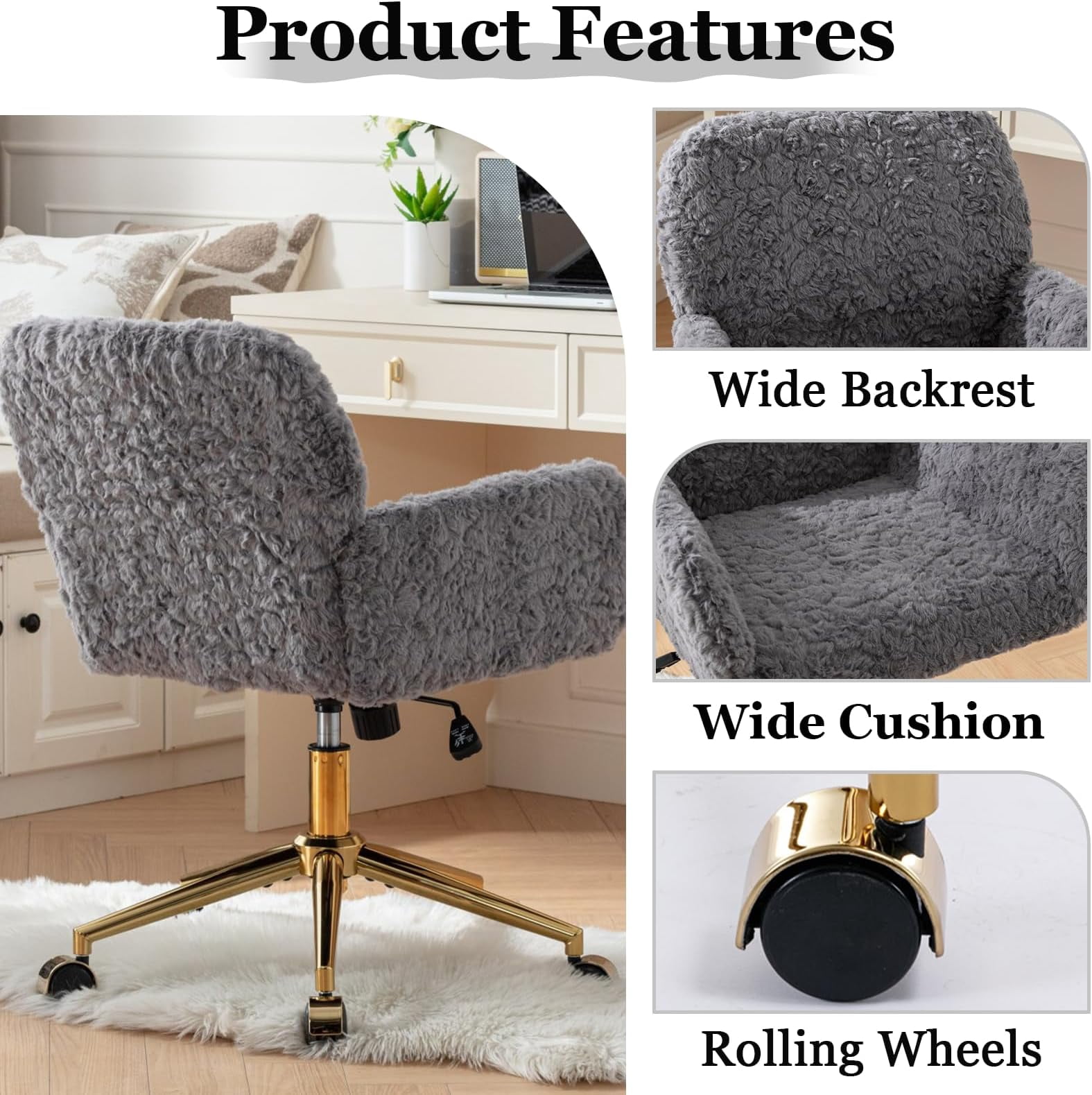 JESTOP Furry Cute Office Chair, Modern Swivel Desk Chair with Wheels, Adjustable Makeup Vanity Chairs with Back, Upholstered Rolling Chairs for Vanity Makeup Room Study Indoor