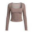 thumbnail image 5 of Arlun Striped Long Sleeve T Shirts for Women Square Neck Stretchy Tight Cropped Tops Casual Going out Basic Tee Lightweight Soft Comfort Versatile for Daily Wear 1-Brown S, 5 of 5