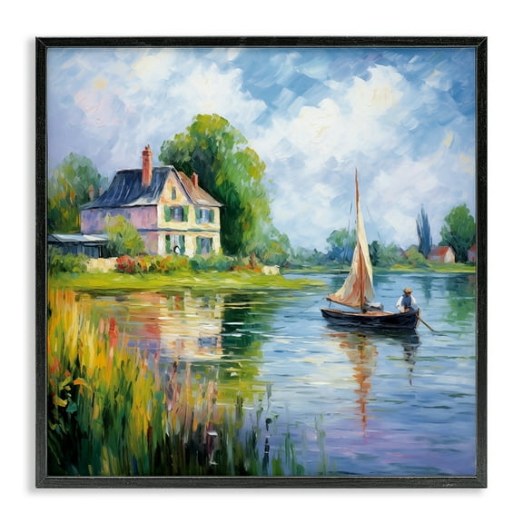 Stupell Industries Boat Drifting Near Shore Landscape & Nature Painting Black Framed Art Print Wall Art, 12 x 12