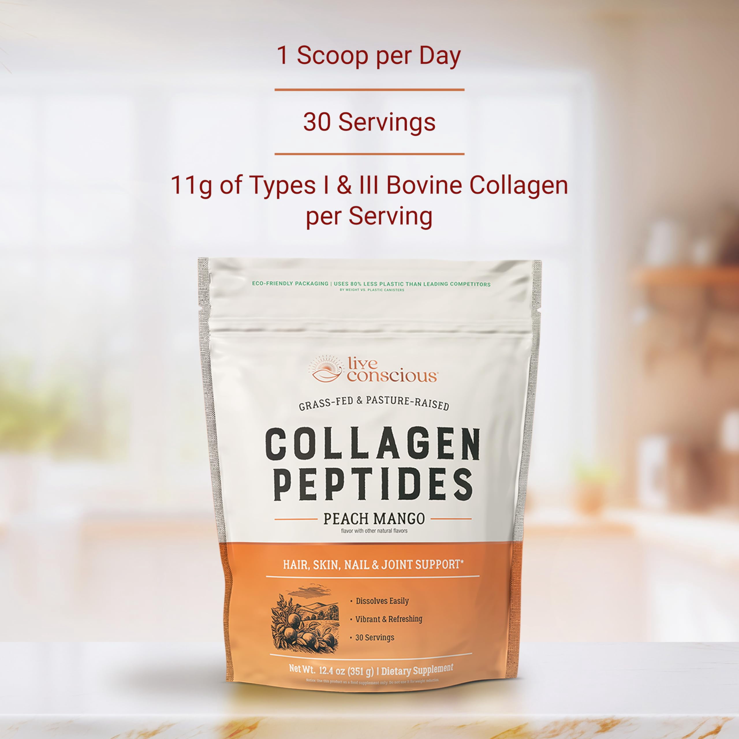 Live Conscious Peach Mango Collagen Peptides Powder, Grass-Fed Types I & III, Skin, Hair, Nails & Joint Support, 30 Servings