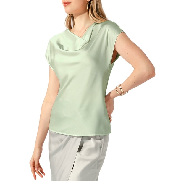 Blusa Casual Elegante de Manga Corta con Cuello de Cowl INSPIRE CHIC para Mujeres en Verde Claro Talla M
